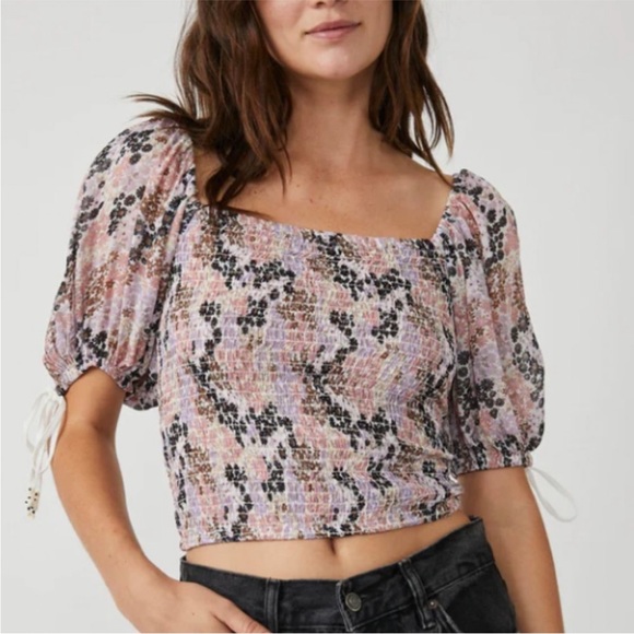 Free People Tops - Free People Back On Top Crop Smocked Shirt Blouse Soft Combo Puff Sleeve